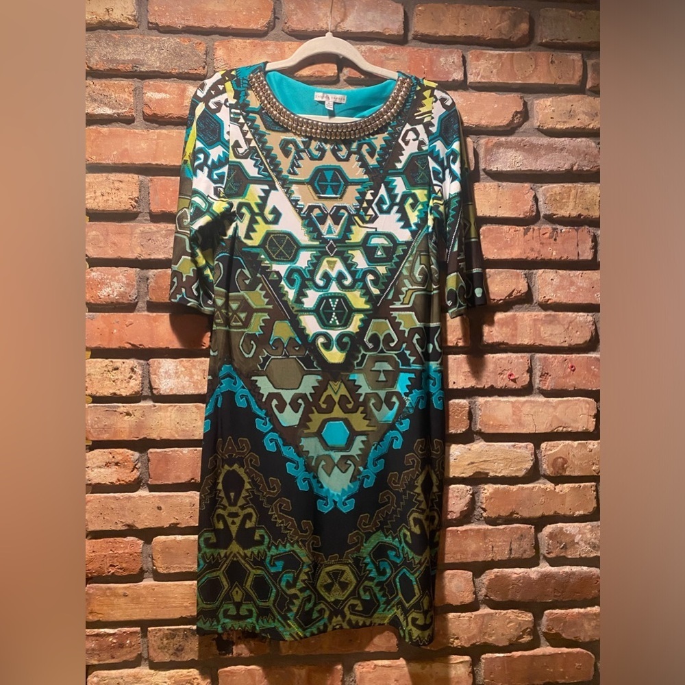 SANDRA DARREN Women's Size 6 Tribal Geometric 3/4 Sleeve Shift Dress